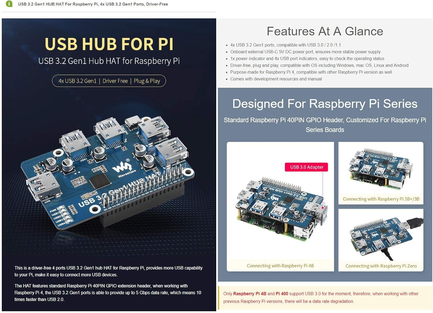 Waveshare USB 3.2 Gen1 HUB HAT Raspberry Pi 4:lle, 4x USB 3.2 Gen1 -porttia, jopa 5 Gbps