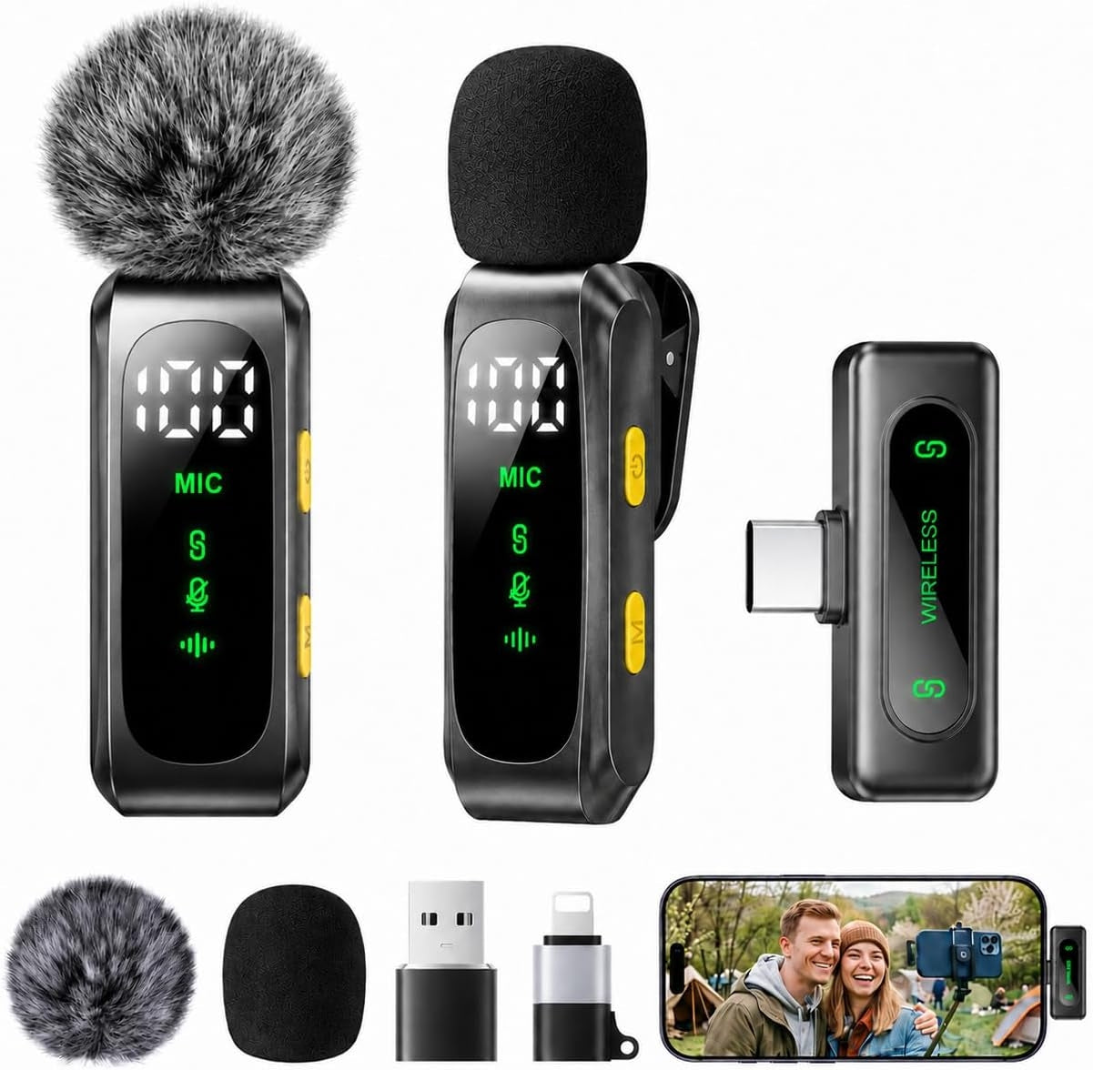 Wireless Lavalier Microphone clip with LED Display Mic With Noise Reduction, for Video Recording, Tiktok, Youtube, Vlog Podcast Content Creator