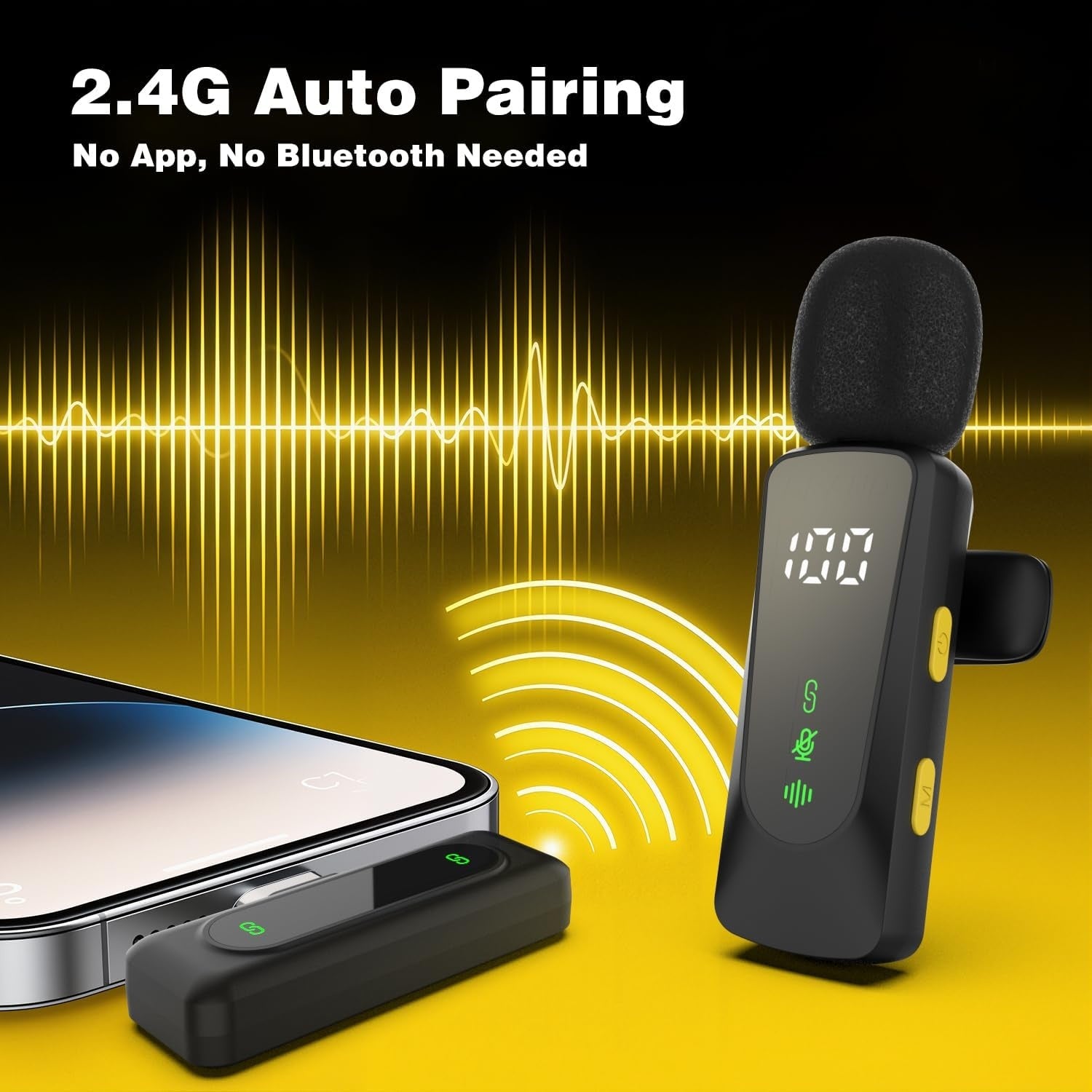 Wireless Lavalier Microphone clip with LED Display Mic With Noise Reduction, for Video Recording, Tiktok, Youtube, Vlog Podcast Content Creator