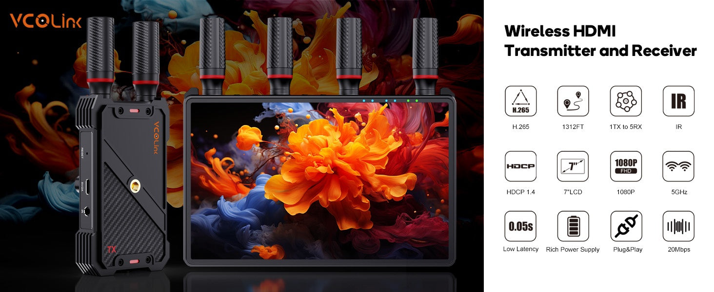 NÖRDIC Langaton Kannettava 7" näyttö, videolähetin ja vastaanotin, 2.4G/5.0G, 4k HDMI INPUT / 1080p OUTPUT, 400m