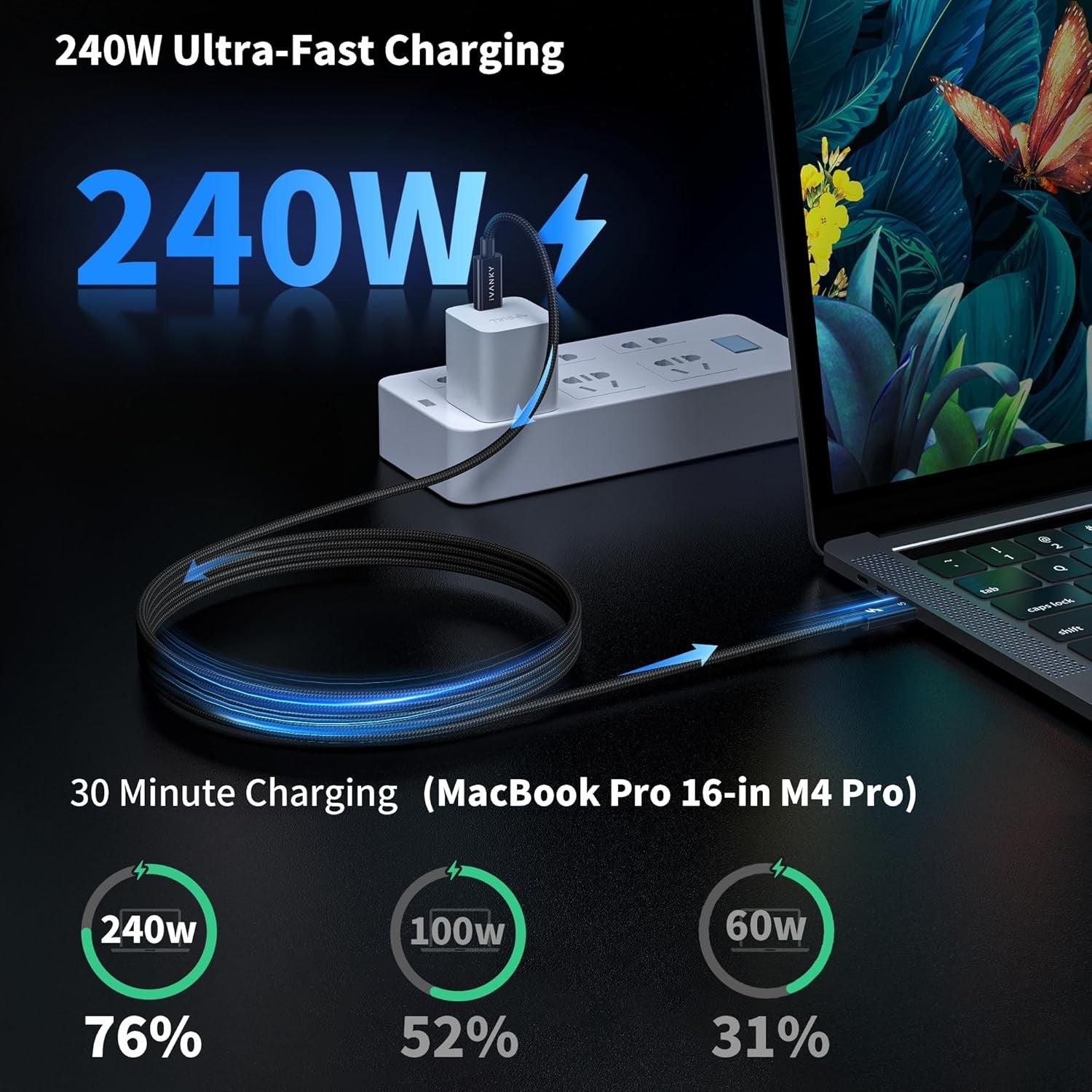 NÖRDIC 1m Thunderbolt 5 -kaapeli Intel-sertifioitu, 80Gbps tiedonsiirto, 120Gbps kaistanleveys, 240W lataus, Kaksi 8K-näyttöä, Yhteensopiva MacBook M4 TB4/DP2.1/USB4 kanssa