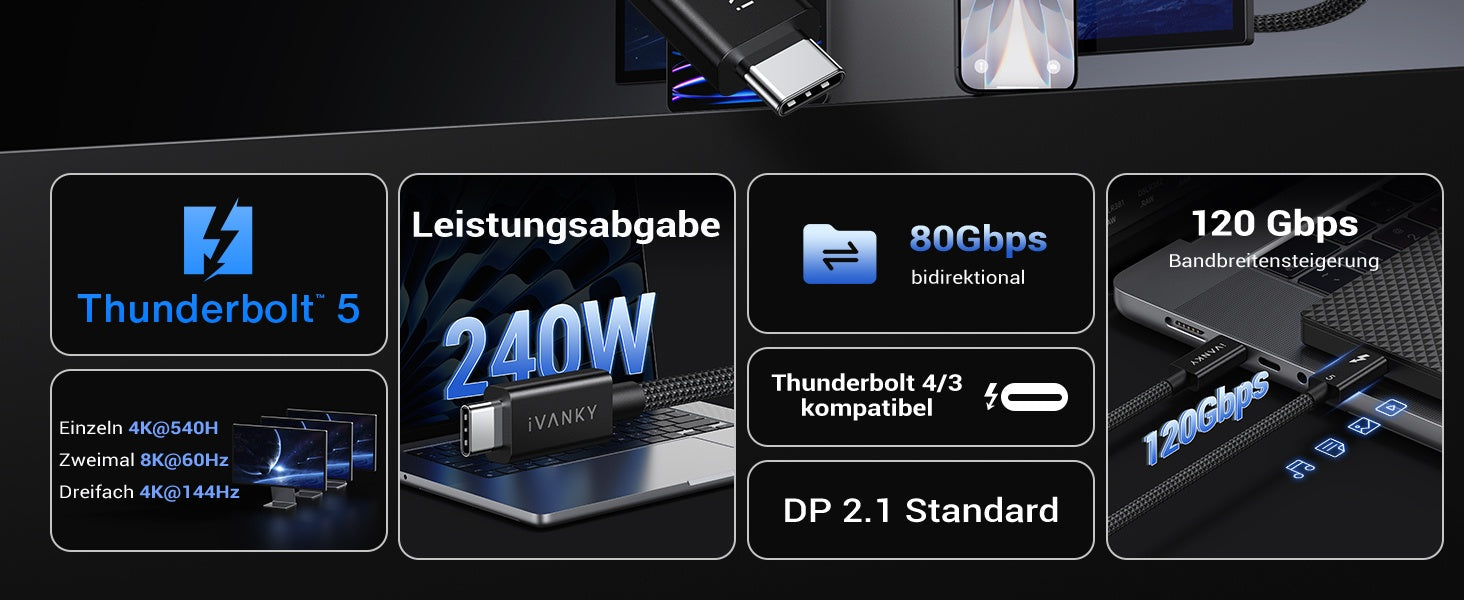NÖRDIC 1m Thunderbolt 5 -kaapeli Intel-sertifioitu, 80Gbps tiedonsiirto, 120Gbps kaistanleveys, 240W lataus, Kaksi 8K-näyttöä, Yhteensopiva MacBook M4 TB4/DP2.1/USB4 kanssa